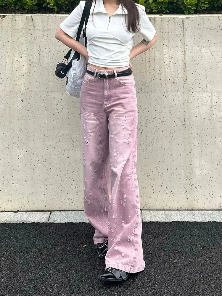 

Woman Jeans Floor-Length Denim Pants Wash Tie-dyed Wide Leg Low Waist Streetwear Chic Preppy Style Korean Ins Japanese Fashion