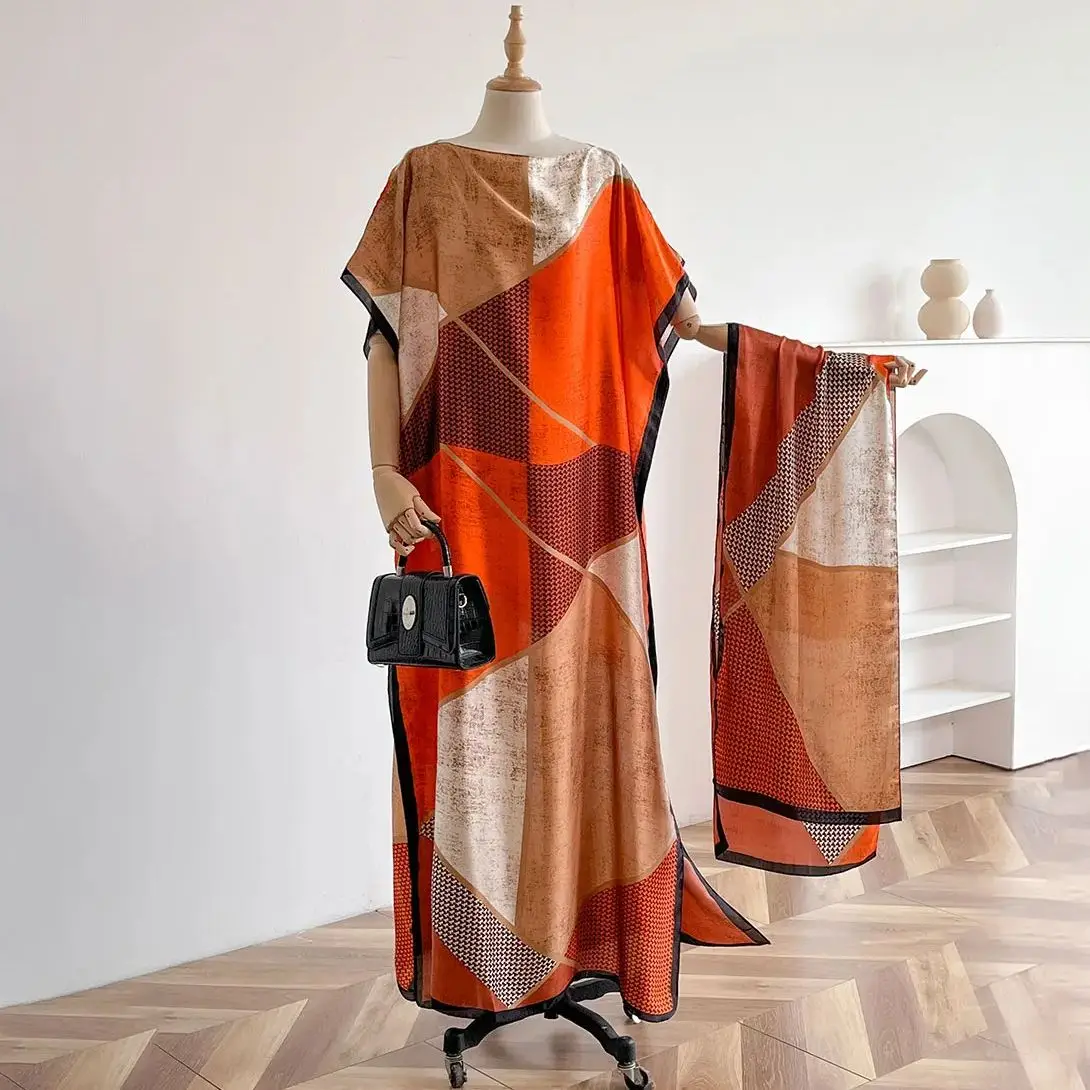 NEW Fashion Summer Dress With Big Scarf Dubai Turkey Kaftan Muslim Loose Abaya Women African Casual Leopard Print Shawl Robe