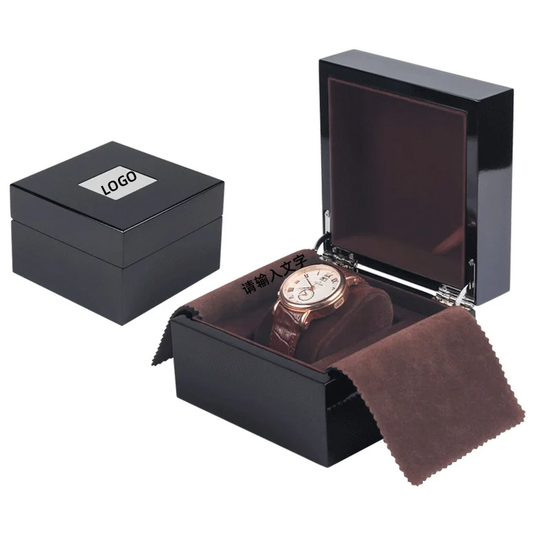 

Single Square Box Black Bright Paint Wooden Watch Box Luxury Watch Band Display Storage Watchs Organizer Box Customization Logo