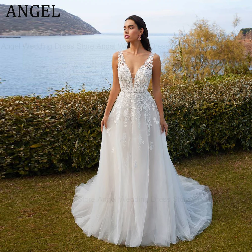 

ANGEL Modern Wedding Dresses For Woman Sleeveless Sexy Backless A-Line Bride Gown Lace Applique Sweep Train vestidos de novia