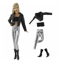 Tenues de poupée 11.5 pouces, manteau en cuir noir, veste, débardeur, bottes, pantalon en argent pour Barbie, vêtements de poupée 1/6 BJD, accessoires jouets 