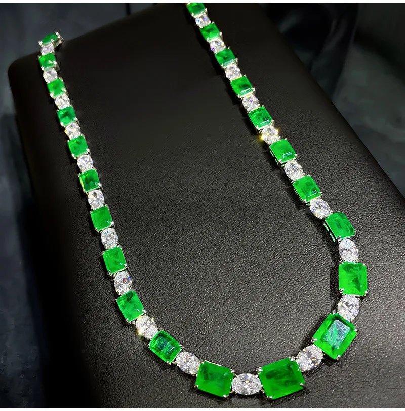 

Luxury 925 Sterling Silver Jewelry Sparkling Emerald High Carbon Tourmaline Sweater Necklaces for Women Party Choker Jewelry