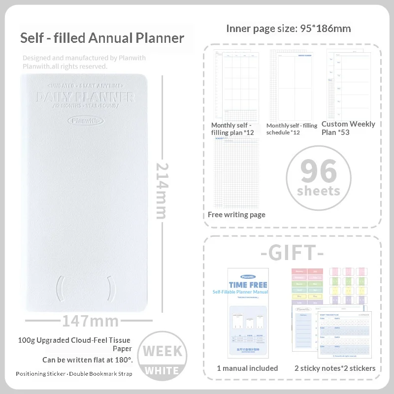 Planwith Undated Daily Planner - Premium A5 Notebook with 12 Monthly Plans, 53 Weekly Pages, Stickers, and Manual Organizer Journal