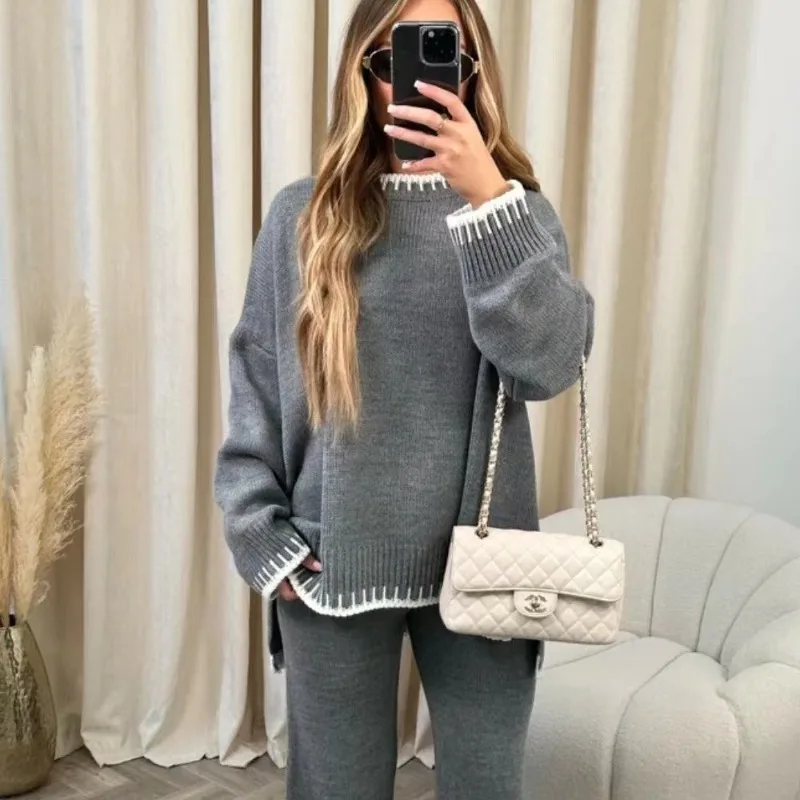 Women Knitted Crochet Contrast Colors Casual 2 Piece Set Fashion Long Sleeve Loose Pullovers High Waist Pants Streetwear Outfits