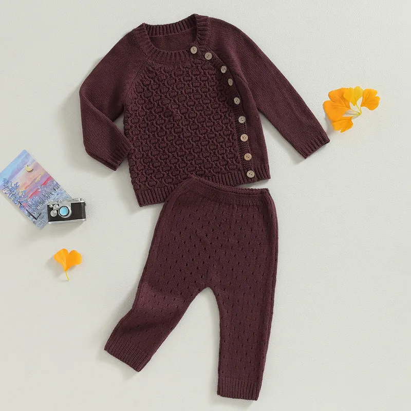

Newborn Baby Girl Boy Knit Pant Sets Autumn Winter Clothes Outfits Solid Color Ribbed Long Sleeve Side Button Tops and Pants