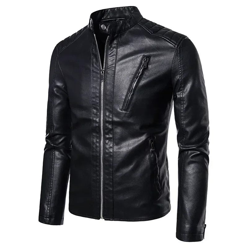 Spring Autumn Trend White Windproof Coat Solid Men's Motorcycle Leather Jacket Stand Collar Jackets Fashion Casual Streetwear