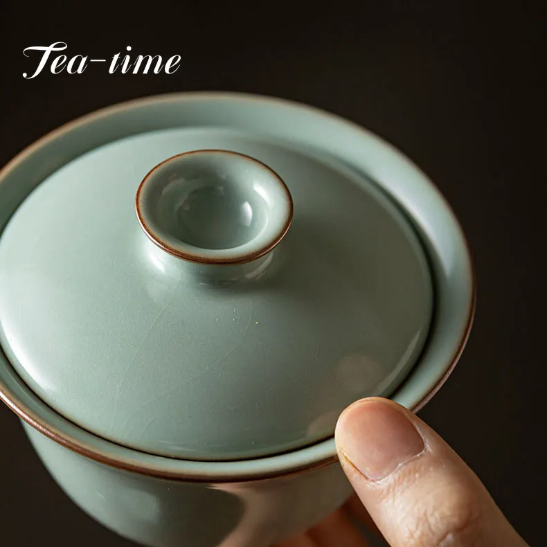 120ml Retro Azure Porcelain Tea Tureen Ru Kiln Sancai Cover Bowl Household Tea Maker Cup Saucer Can Raise Kungfu Teaset Gift Box