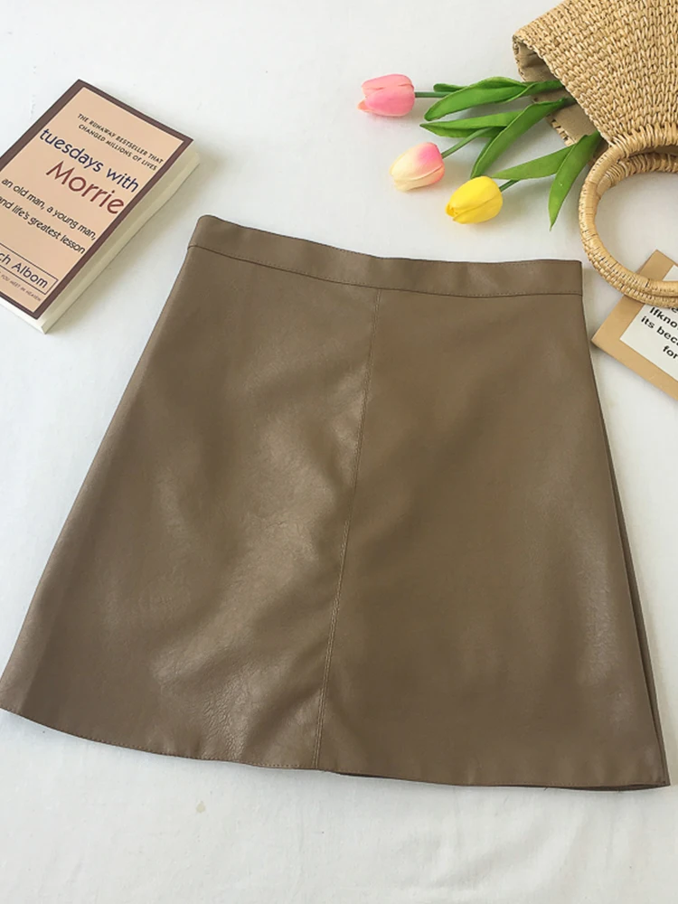 Ailegogo Spring Summer Women High Waist Mini Pu Leather Skirt Casual Female A-line Solid Zipper Faux Leather Skirts OL Bottoms Skirts