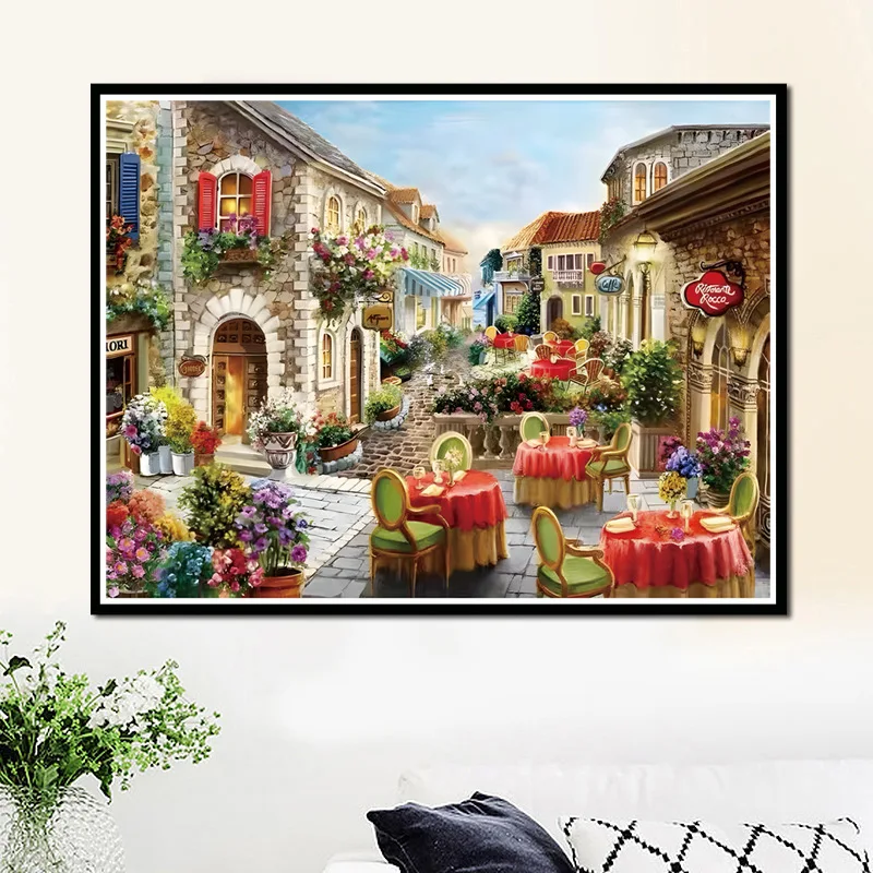 

DIY 11CT Cotton Thread Cross Stitch Embroidery Kits Flower Street Alley N Eedlework Craft Set Printed Canvas Home Decoration