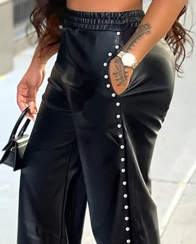 Pantalon cuir PU femme taille haute 2