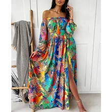 Robe à fleurs style bohémien, sans bretelles, fendue, couleur, Sexy, manches longues, robe trapèze, printemps été 2022