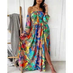 Vestido Floral bohemio de primavera y verano 2022, sin tirantes, con abertura de Color, Sexy, de manga larga, corte en A