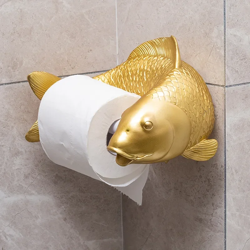 

Koi Statue Fish Craft Toilet Paper Holder Towel Rack Wall Hanging Bathroom Household Toilet Paper Rack Free Punching Decoration