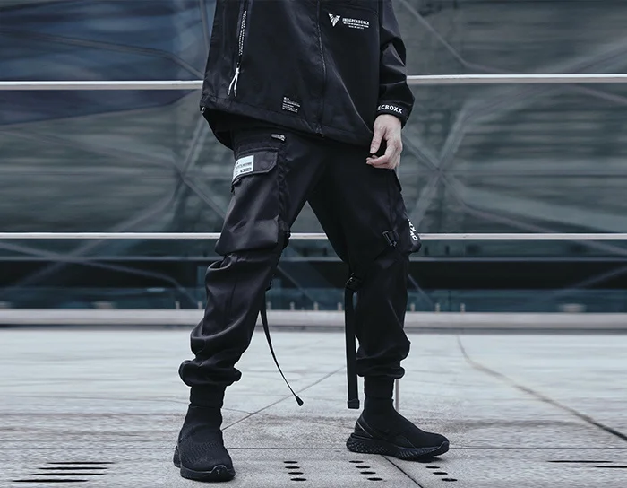 Pocket Ribbon Elastic Waist Cargo Pants Men's Hip Hop Tactical Function Harem Pants Streetwear Harajuku Jogger orange cargo pants