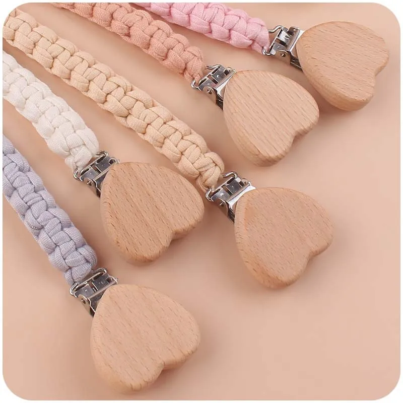 Handmade Crochet Cotton Baby Pacifier Chain Wooden Heart Shape Dummy Holder Clip For Teething Nursing Chewing Toys Shower Gift 3