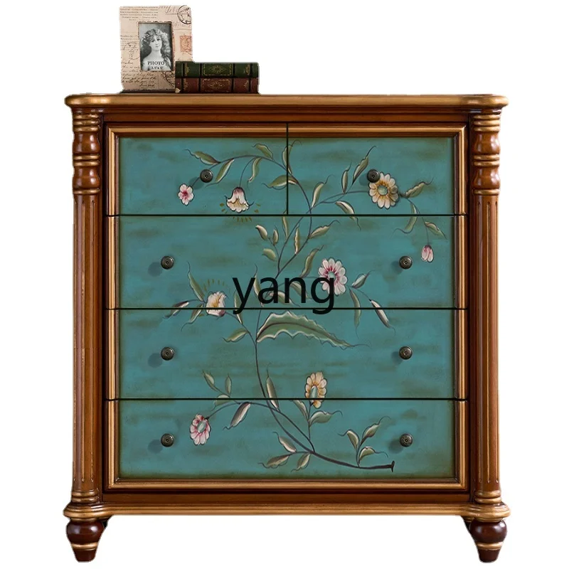 

Yhl Vintage Vintage Hand Painted Three-Bucket Cabinet Bedroom Bedside Table Solid Wood Painted Chest of Drawer Living Room