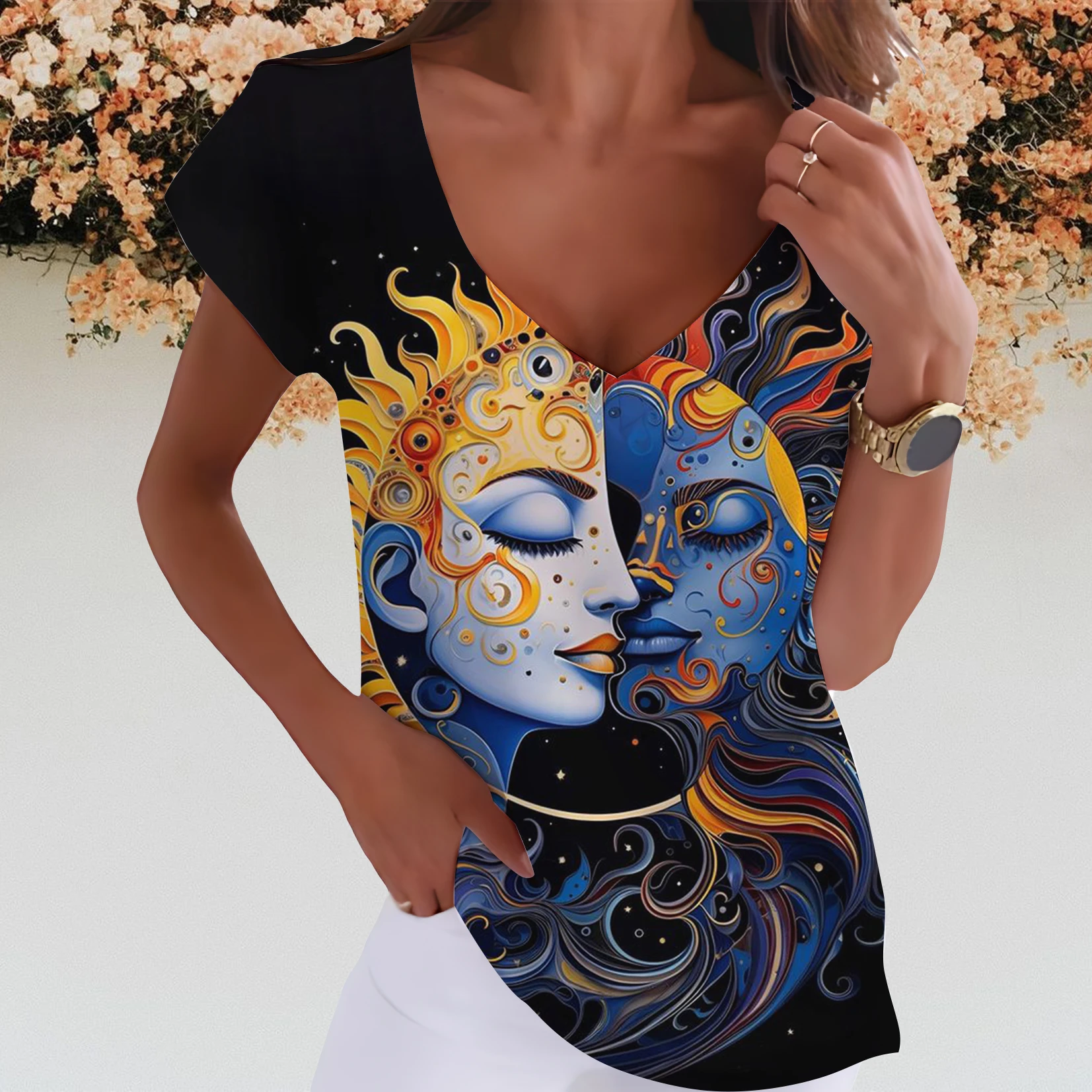 

Summer women's V-neck 3d printed Sun face short-sleeved top Y2K Harajuku casual loose fashion women's street oversized T-shirt