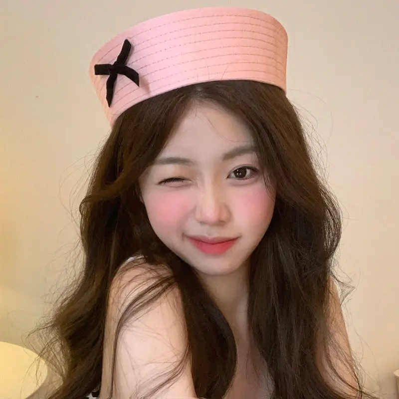 Sailor Hat Women Hats Kawai Bow Nurse Hat Sexy Doctor Women Halloween Costume Lovely Pink Sailor Hat Flip Brim Cap Versatile SweetyJK Beret Navy Beret sailor hat,women hats