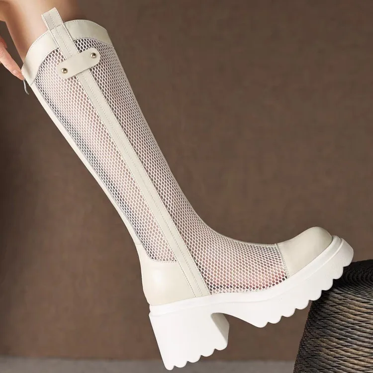 Knight women's thick soled summer hollow high not over the knee mesh long boots, cool boots trend_voghion.com