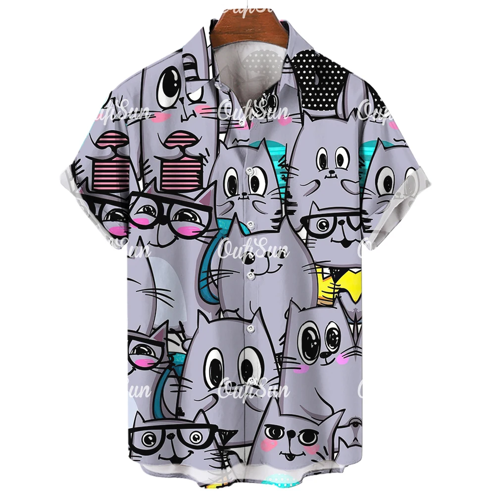 Camisa havaiana de manga curta masculina, lapela 3D, camiseta de anime, roupa de rua casual, gato animal retrô, verão, 2023