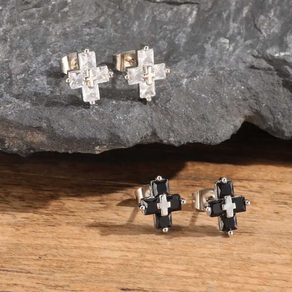 Vnox Personality Zircon Cross Earrings for Men Women, Double