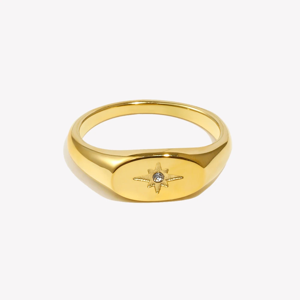 Gold Plated Rings Waterproof Stainless Steel Oval Face 3A Zircon Paved Star Ring For Lady