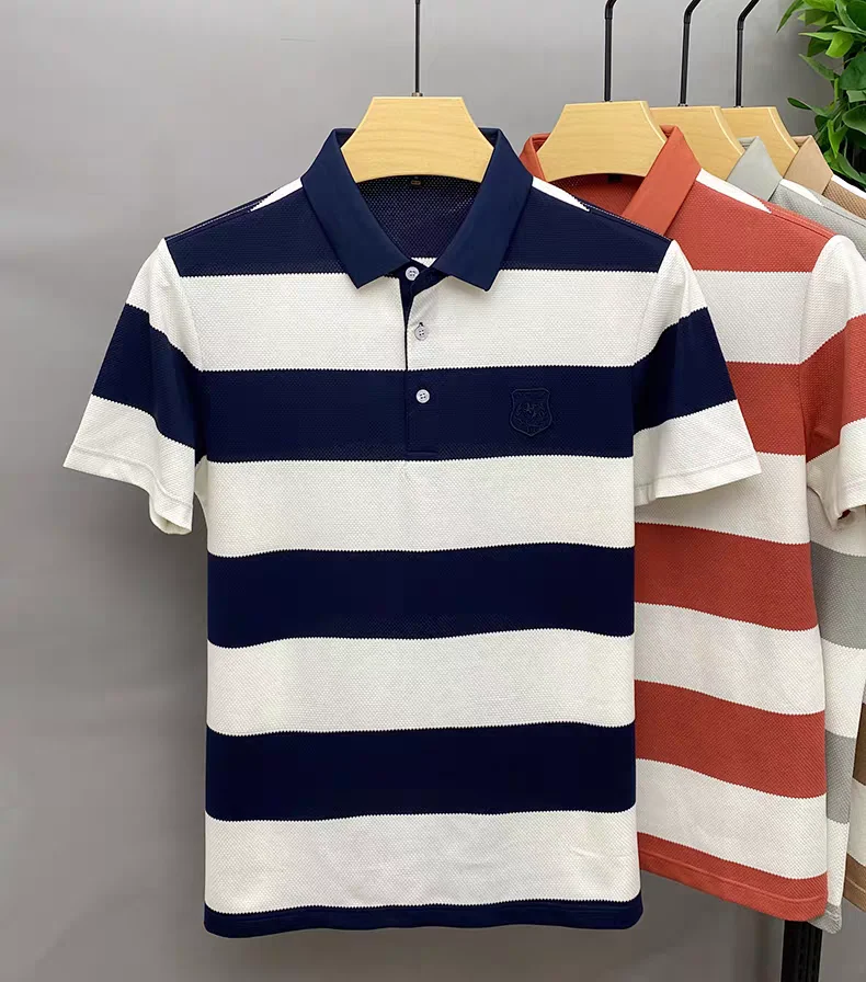 Luxury brand badge embroidered men's short sleeve polo shirt fashion wide stripe color blocked summer breathable casual T-shirt 20 S37a7620a22eb4207939a8cfabcb41465a