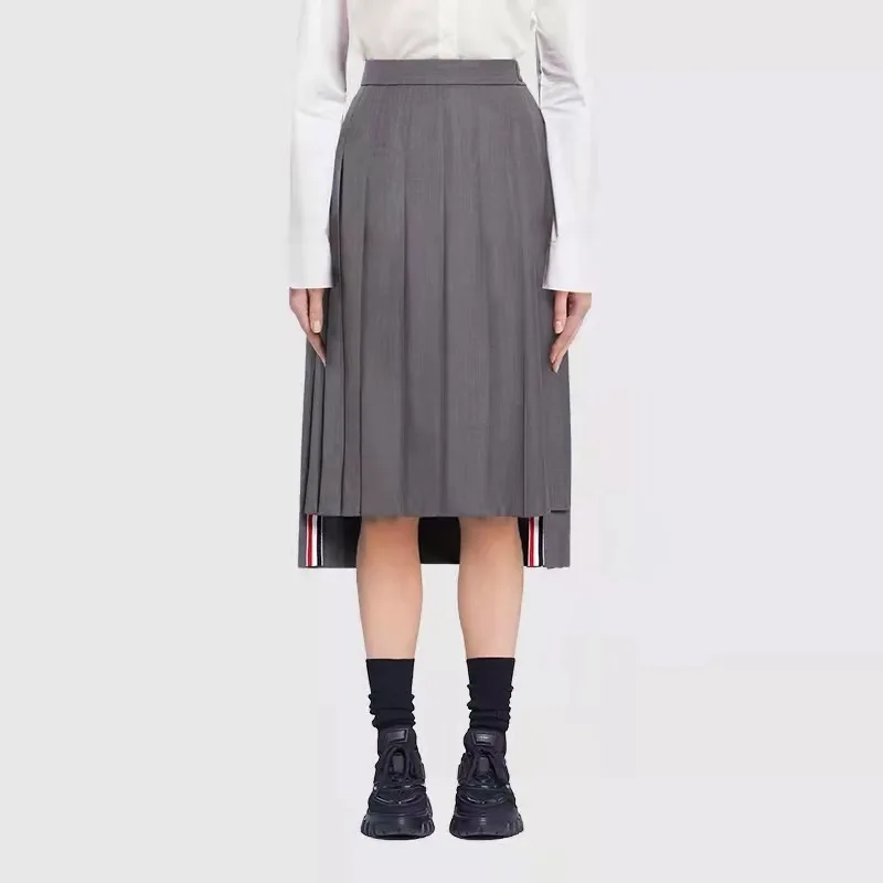 2024 New TB Skirt Women's Autumn/Winter Long Over Knee Skirt High Quality Academy High Waist Slim A-line Irregular Pleated Skirt houzhou pleated denim skirt women korean fashion vintage high waist knee length a line midi skirt casual y2k streetwear autumn