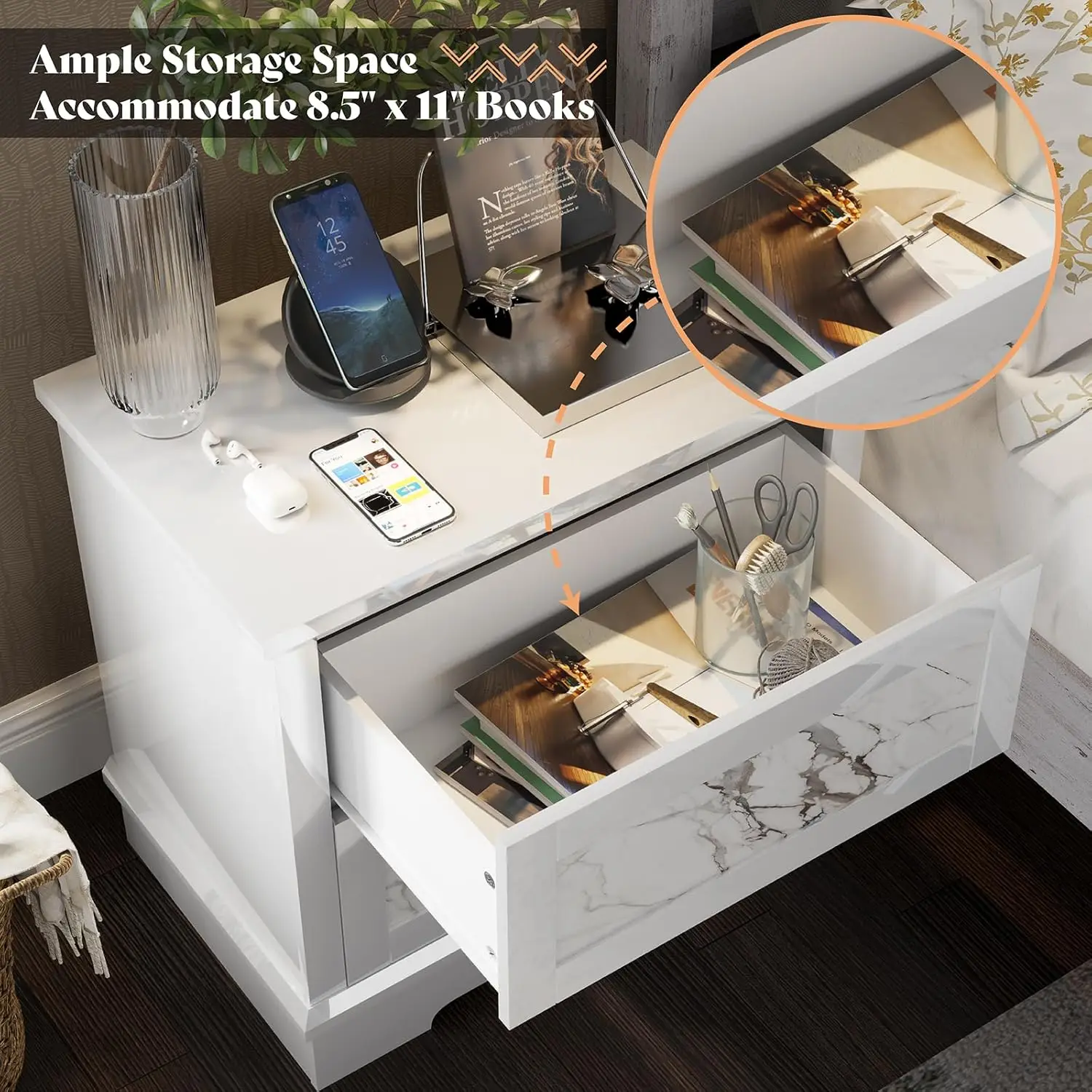 Luxury Natural Marble Nightstand Set of 2 with Drawers, High Gloss Side Tables in Living Room, Storage End Table