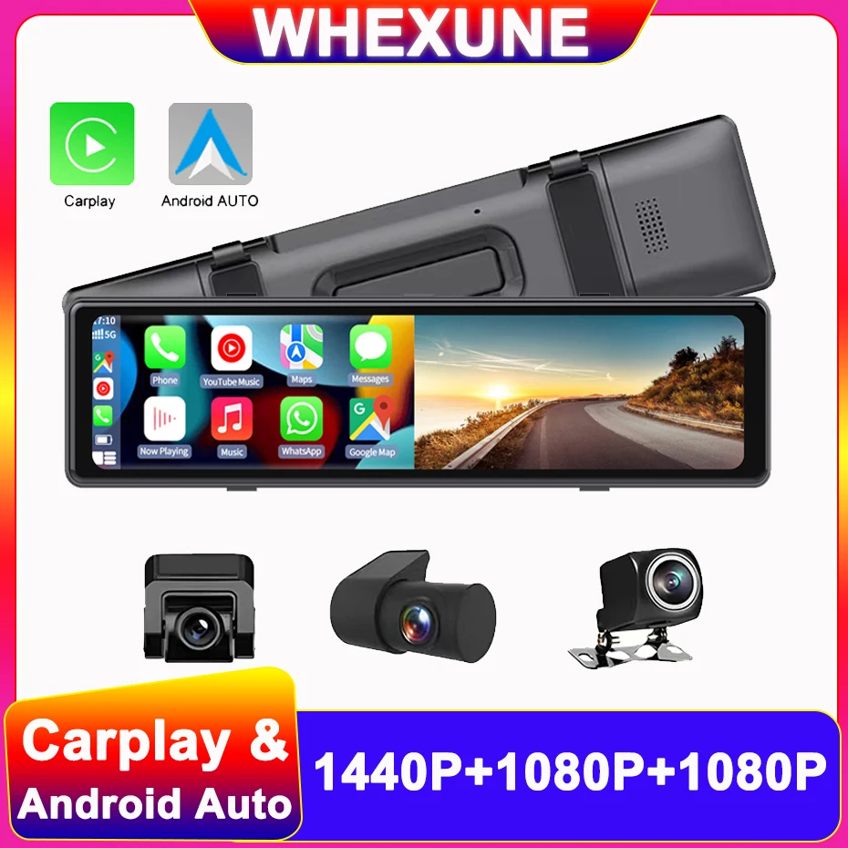 3 Telecamere Car Dash Cam Wifi Wireless Carplay Android Auto Specchietto Retrovisore Videoregistratore Dvr 1440P Navigazione Gps Controllo Vocale