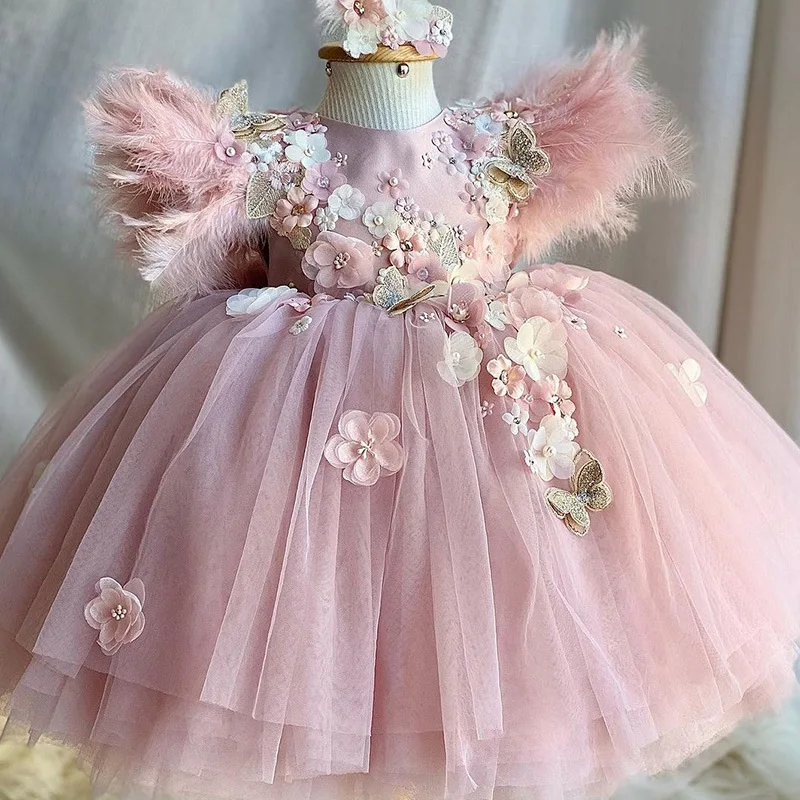 

2024 New Pink Children's Flower Girl Dress Tulle Butterfly Attends Party Wedding Celebration Birthday First Communion Prom Dress