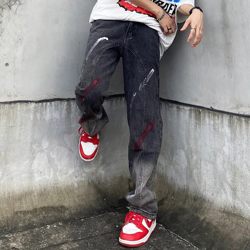 2022 Splash Ink Star Embroidery Vintage Grey Baggy Men Jeans Pants Straight Loose Hip Hop Women Denim Trousers Pantalones Hombre