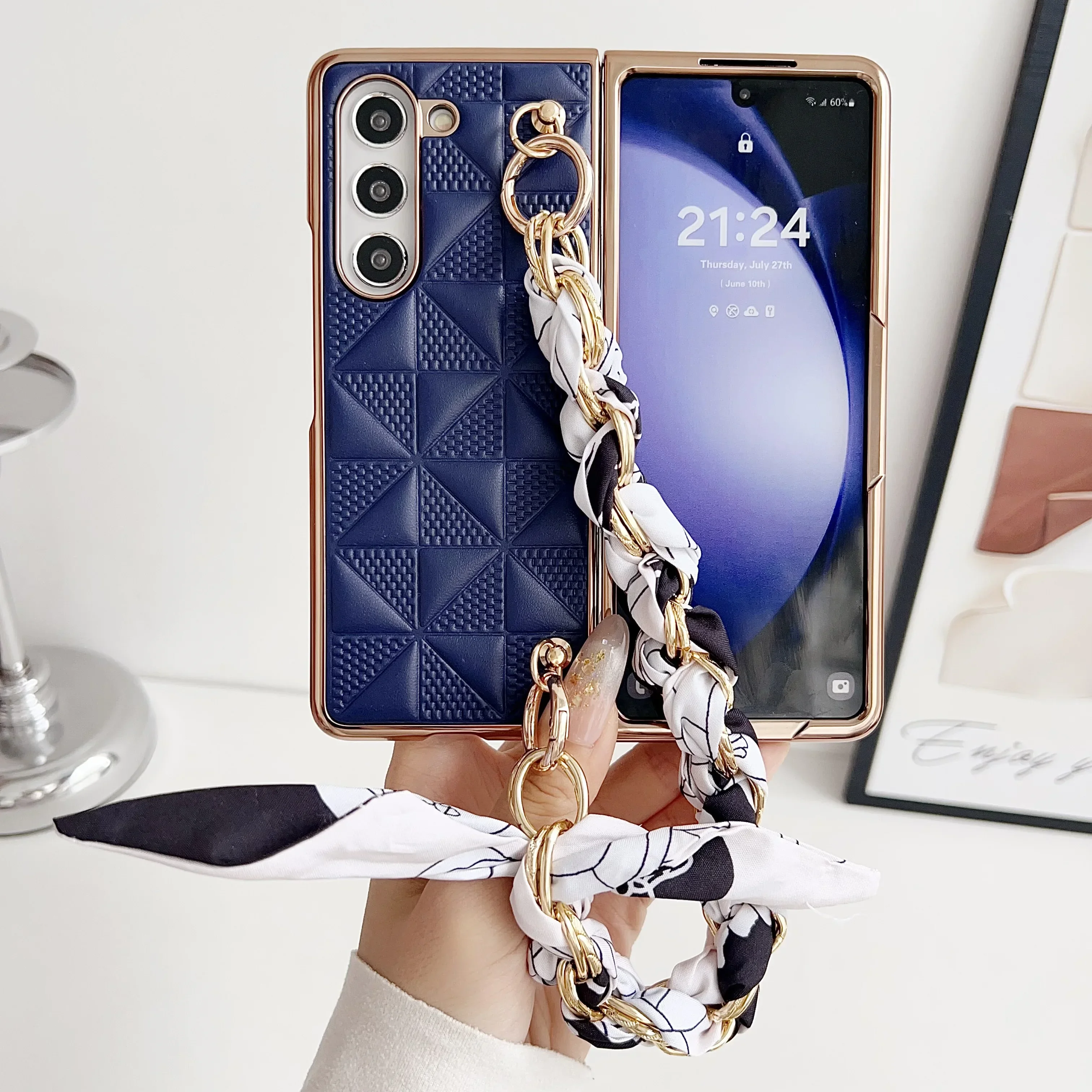 Coque de téléphone en cuir à treillis galvanisé de luxe pour Samsung Galaxy Z Flod 6 5 4 3 5G, étui de protection antichoc à la mode_voghion.com