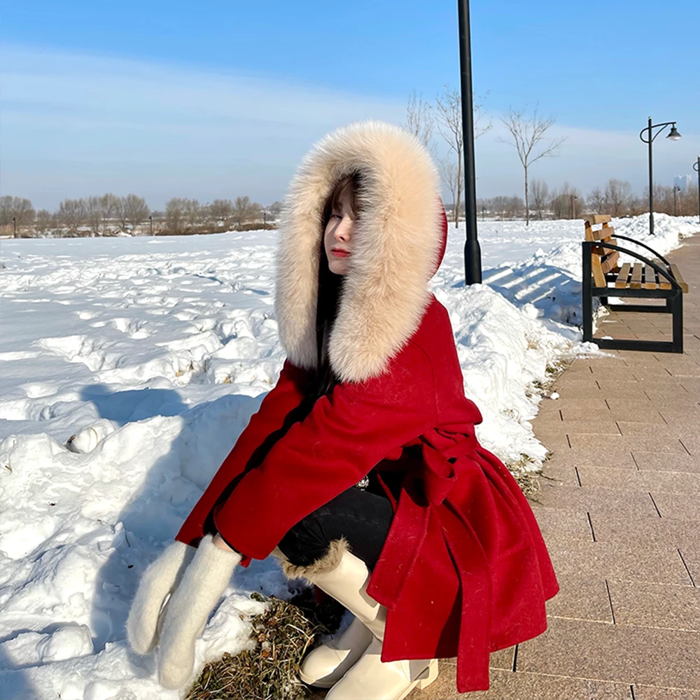 Abrigos de lana abrigados para mujer, chaqueta de mezcla de lana cuello de piel sintética a la moda, color rojo, para otoño e invierno, 2022| | -