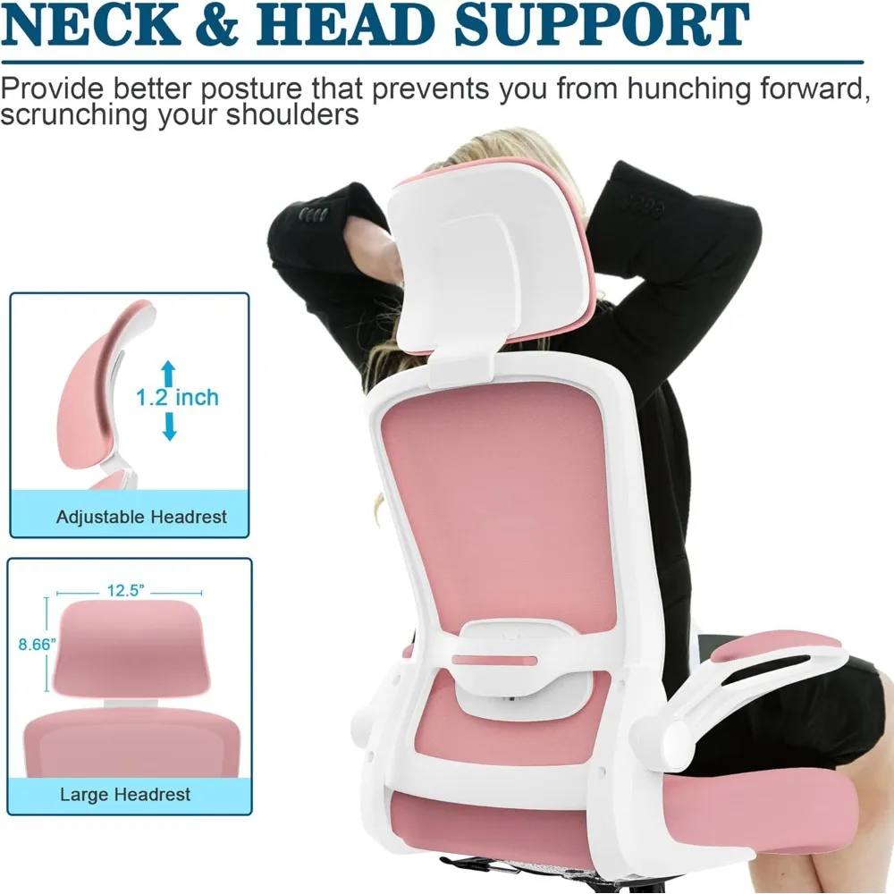 ergonomic high-back swivel chair with adjustable lumbar support, headrest, and flip-up armrests