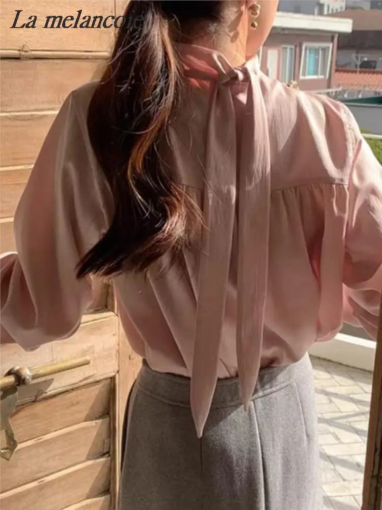 

Casual Loose Blouse Women Fashion Korean Elegant Chic Back Lace Up Shirt Spring Summer 2024 New Stand-up Collar Long Sleeves Top