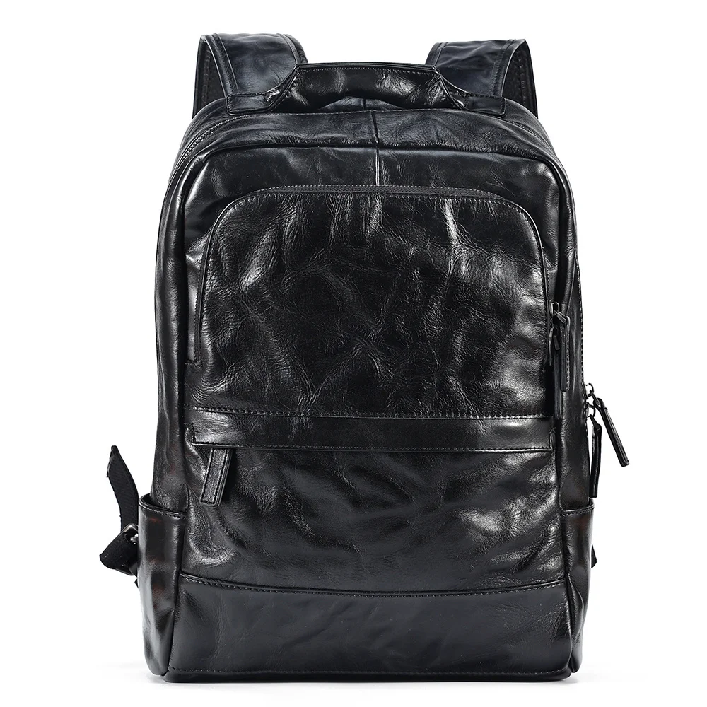 

Genuine Leather Men Backpack Business Travel Black 15.6" Laptop Backpack for College Work Fashion Large Capacity Shoolbag
