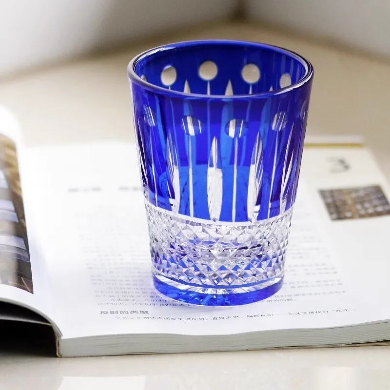 French Design Top Luxury Highball Whisky Glass Diamond Carving Royal Blue Crystal Wine Cup Whiskey Glass Water Drinking Tumbler