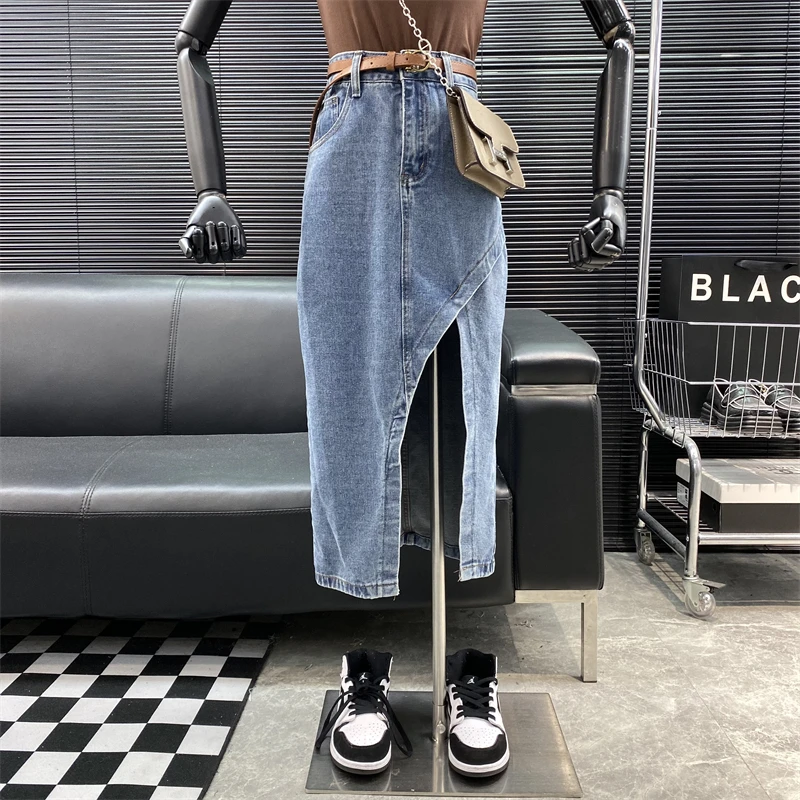 send-belt-new-2022-fashion-designer-new-style-famous-brand-retro-versatile-slit-high-waist-irregular-a-line-denim-skirt