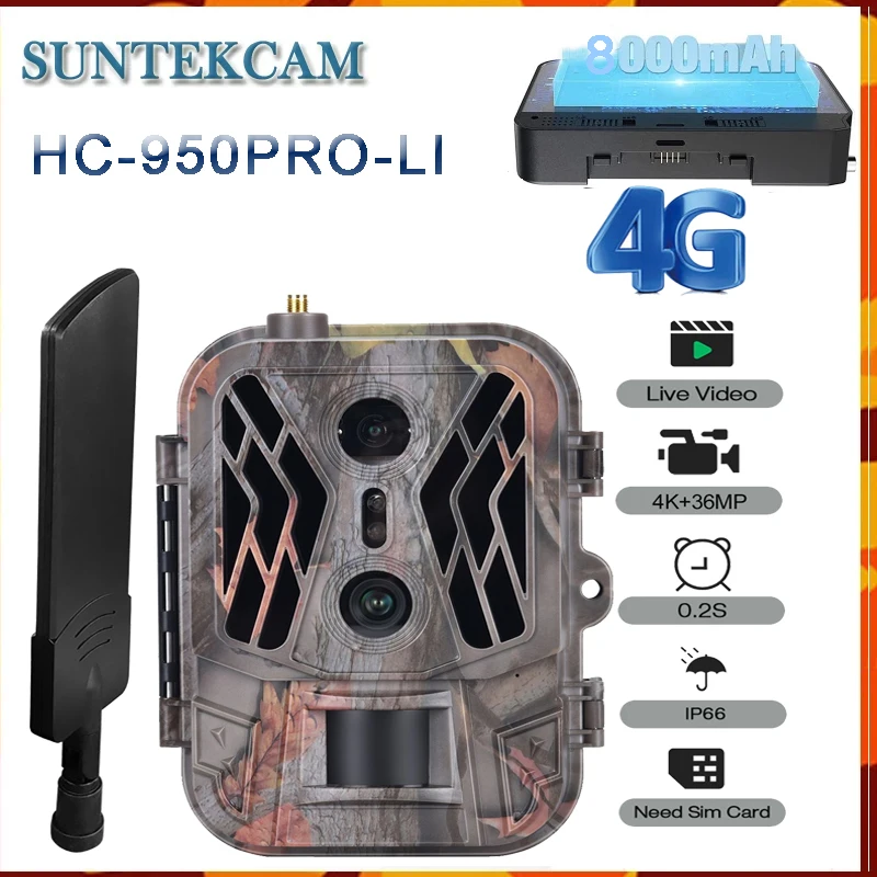 SuntekcamHC950PROLi 4G 라이브 비디오, 리튬 배터리, 셀룰러 듀얼 렌즈, 사냥 트레일 카메라, 36MP, 4K 비디오 텔레카메라, IP65, 8000mAh