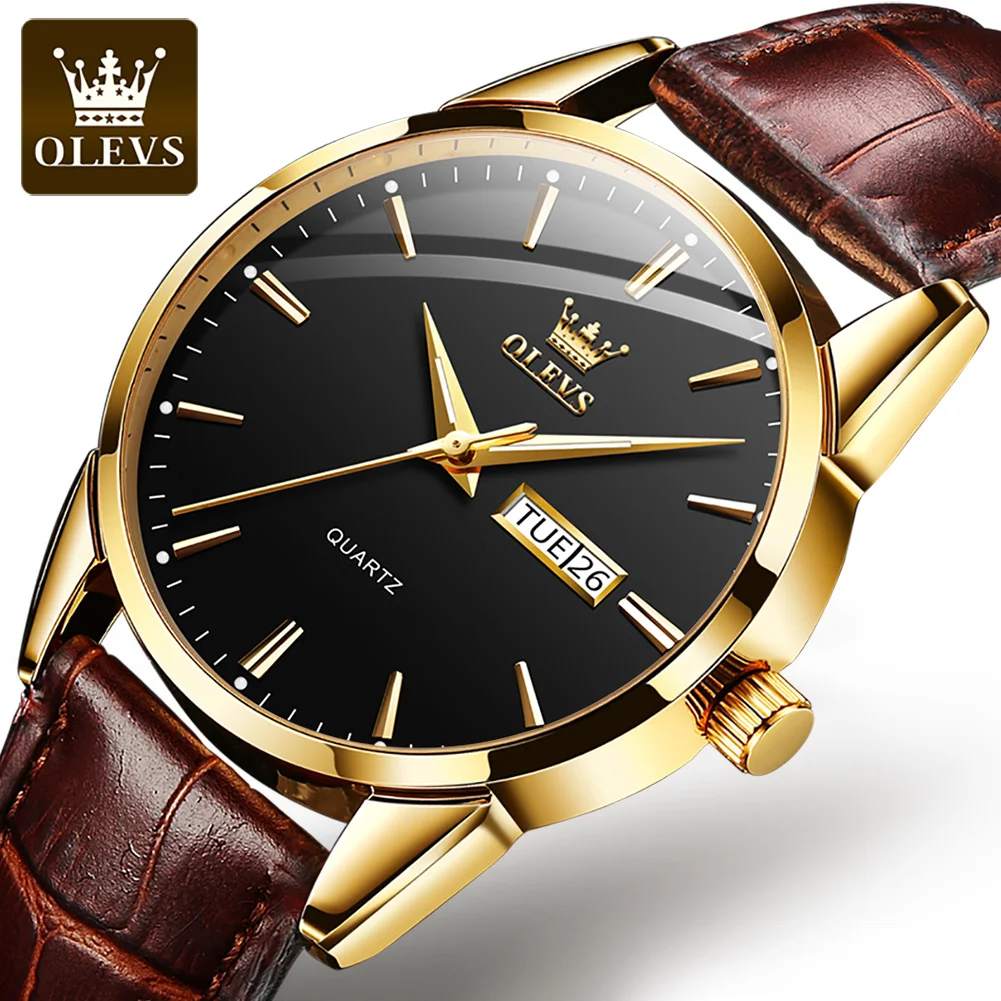

Fashion Olevs Top Brand Dual Calendar Great Quality Quartz Men Wristwatch Business Waterproof Genuine Leather Strap Watch