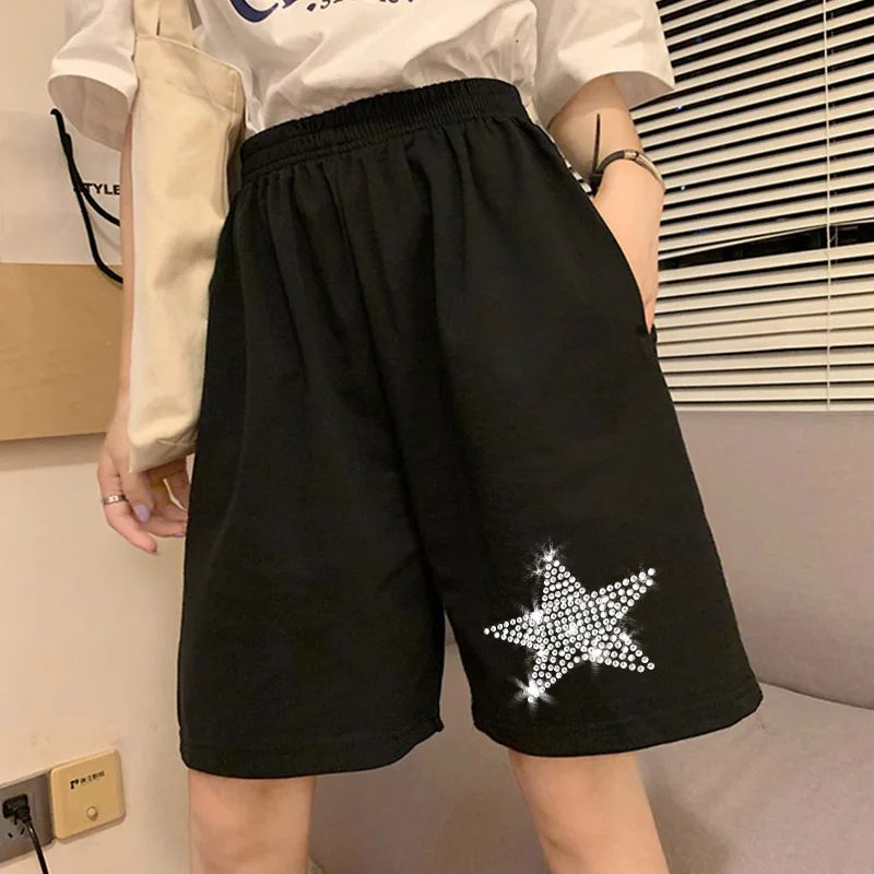 

Простые черные шорты Стразы Stars Y2k в стиле Харадзюку, летние женские свободные спортивные повседневные велосипедные модные эластичные шорты в Корейском стиле для бега