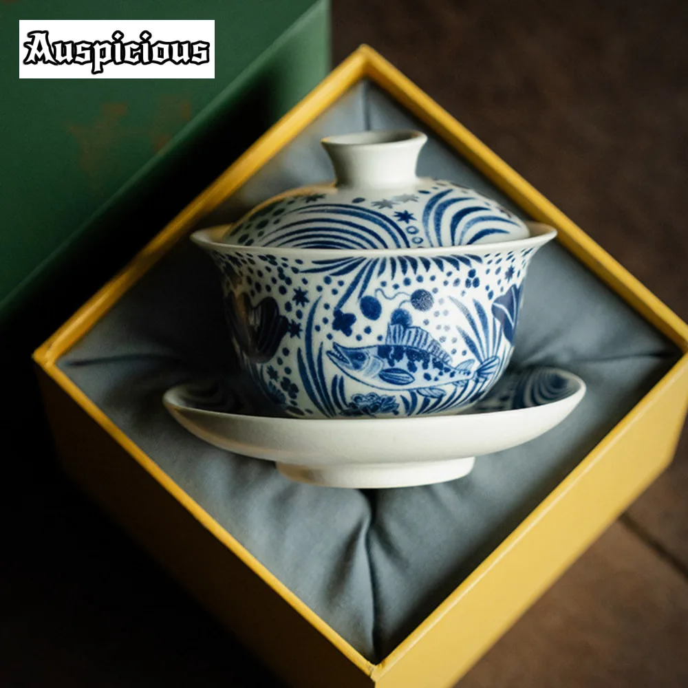 120ml Soda Glaze Tea Tureen Half Color Fish Algae Pattern Gaiwan Sancai Tea Cup Household Maker Cover Bowl Teaware Ornaments