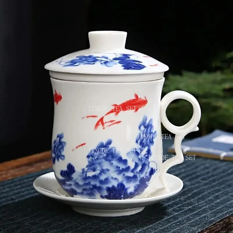 4-piece Tea Cup Set Personal Tea Cup Ceramic Inner Filter with Lid Water Cup Blue and White Porcelain Office Conference Cups