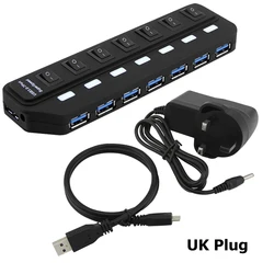High - Speed 7 - Port USB 3.0 Hub with Power Adapter and Extended Cable (With UK plug)