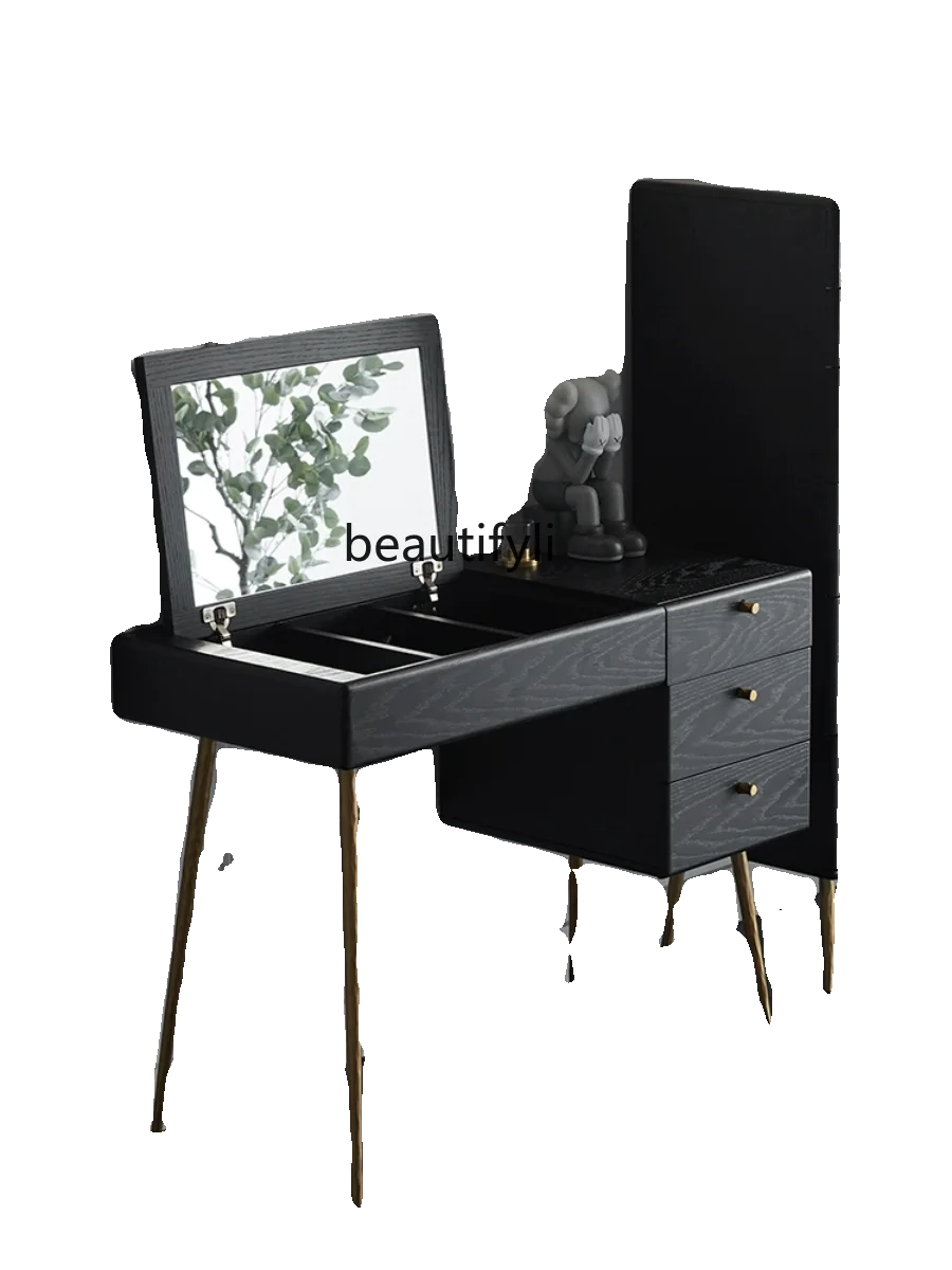 

Nordic Solid Wood Flip Dressing Table Makeup Table Simple Bedroom Retro Black Dresser