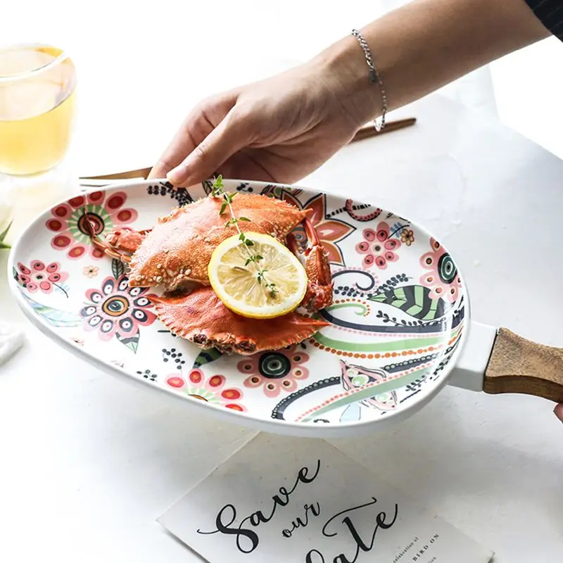 Ceramic Salad Plates with Handle Porcelain Dinner Plates Colorful Floral Pattern Serving Plate for Desserts Sandwiches Dishes 접시 dining dish