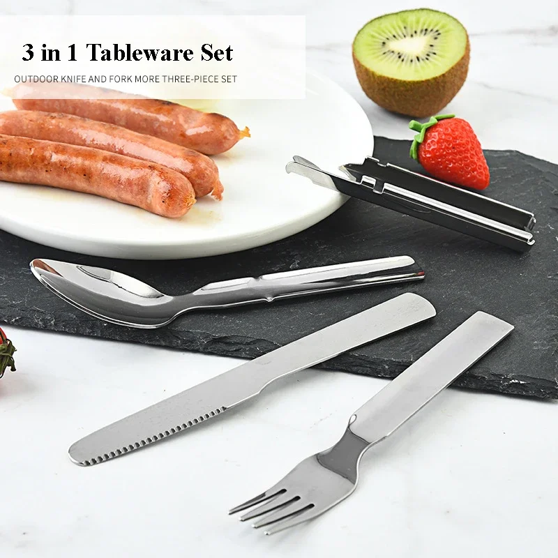 Stainless Steel Portable Outdoor Camping Multi-functional Knife Fork Spoon Combo Cutlery Set 1 Set camping cutlery,portable tableware,portable cutlery
