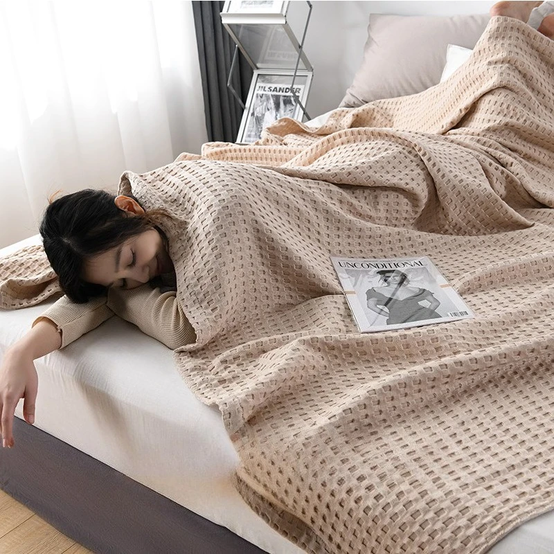 Waffle Plaid Blanket 100% Cotton Summer Bed Throw Thin Quilt Knitted Bedspread Home Sofa Coverlets  Throw Blankets Girl Boy - 5