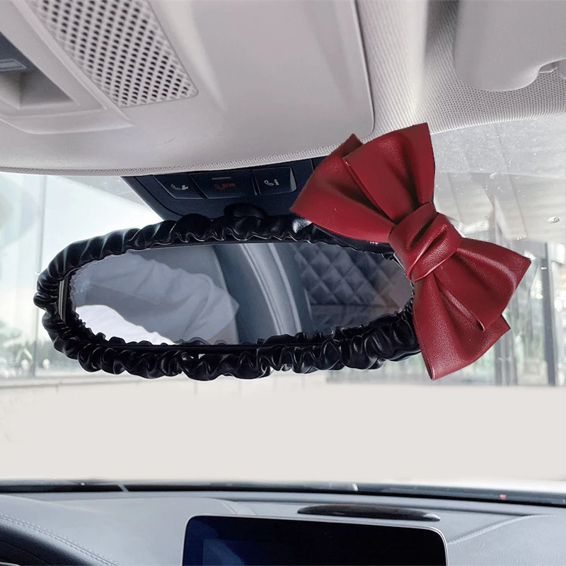 Fashion Pearl Bowknot Car Interior Rear View Mirror Cover Leather Auto Mirror Case Decoration Accessories For Women and Girls
